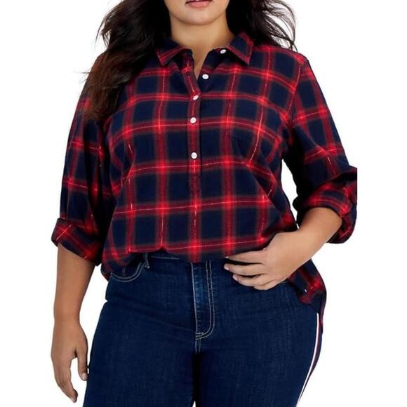 Tommy Hilfiger XL red & blue plaid 1/2 button down flannel shirt - Picture 1 of 5
